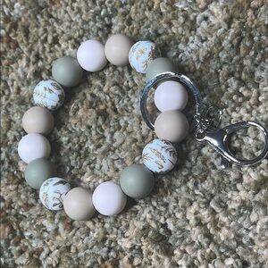 Wildflower Artichoke Taupe Cream Keychain Bracelet Wristlet Silicone Beaded